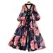Women's Elegant V Neck Dress With Printed Lantern Sleeves Early Spring Long Sleeve Waist Tie A Line Long Skirt_ecoleips.com