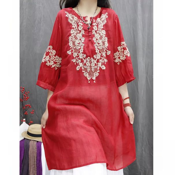 2026 Spring/Summer Vintage Cotton-Linen Heavy-Duty Embroidered Literary Versatile Top, Loose And Chic Mid-Length Casual_ecoleips.com