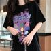 ng2510292 2026 Summer New Korean Style Loose Abstract Round Neck Black Top, Mid-Length Short Sleeve T-Shirt For Women, Internet_ecoleips.com