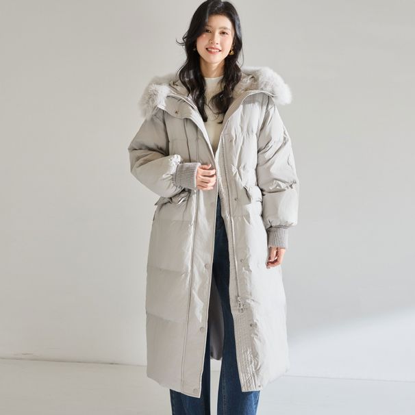 girl Girl Girl 25 Winter Fox Fur Collar Hooded Waist-Tightening Jacket For Women, Long Over-the-Knee 90% White Duck Down Thickened Coat_ecoleips.com