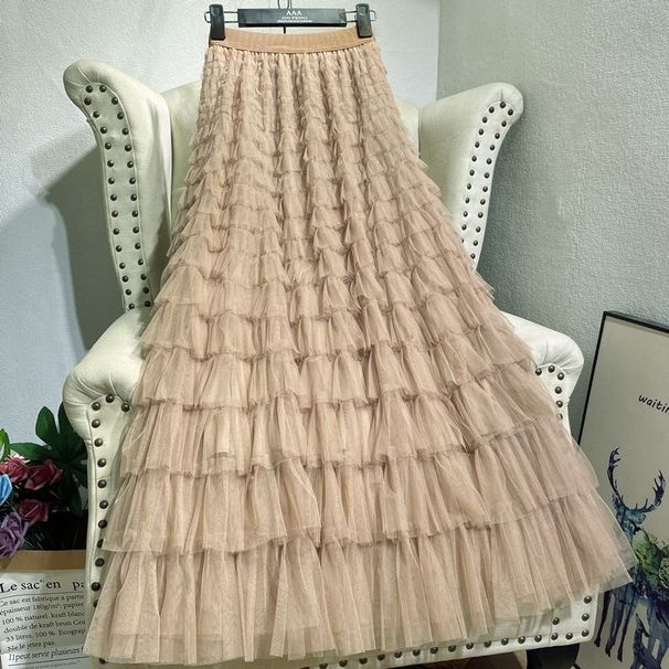 new French long skirt for women temperament elegant solid color high waist mesh cake skirt puffy skirt_ecoleips.com