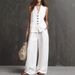 Women's Cotton Linen Two Piece Set Sleeveless Vest And Wide Leg Pants Casual Comfortable Spring Summer Autumn Outfit_ecoleips.com