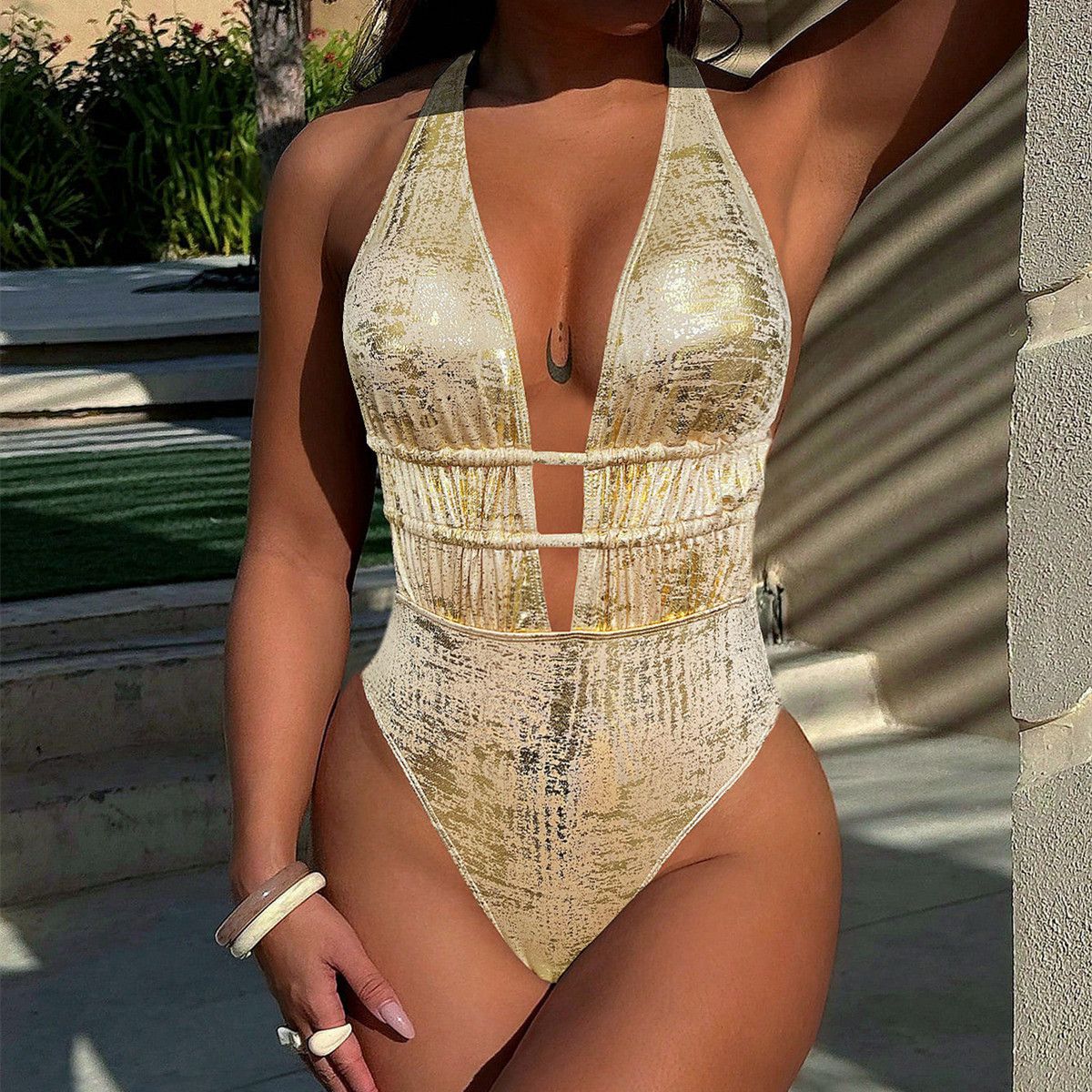 Women's Clothing Summer Beach Pool Swimsuit European American Style Deep Neckline Hollow Out Design Slimming Sexy One Piece Goddess Style_ecoleips.com