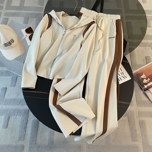 Women's Clothing Autumn Contrast Color Stitching Hooded Cardigan Jacket Wide Leg Pants Two Piece Suit Trendy_ecoleips.com