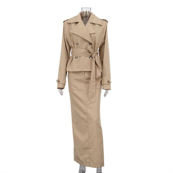 Women's Fashion Midi Skirt Suit Two Piece Set Autumn Style Lapel Long Sleeved Trench Coat Commuting Outfit_ecoleips.com