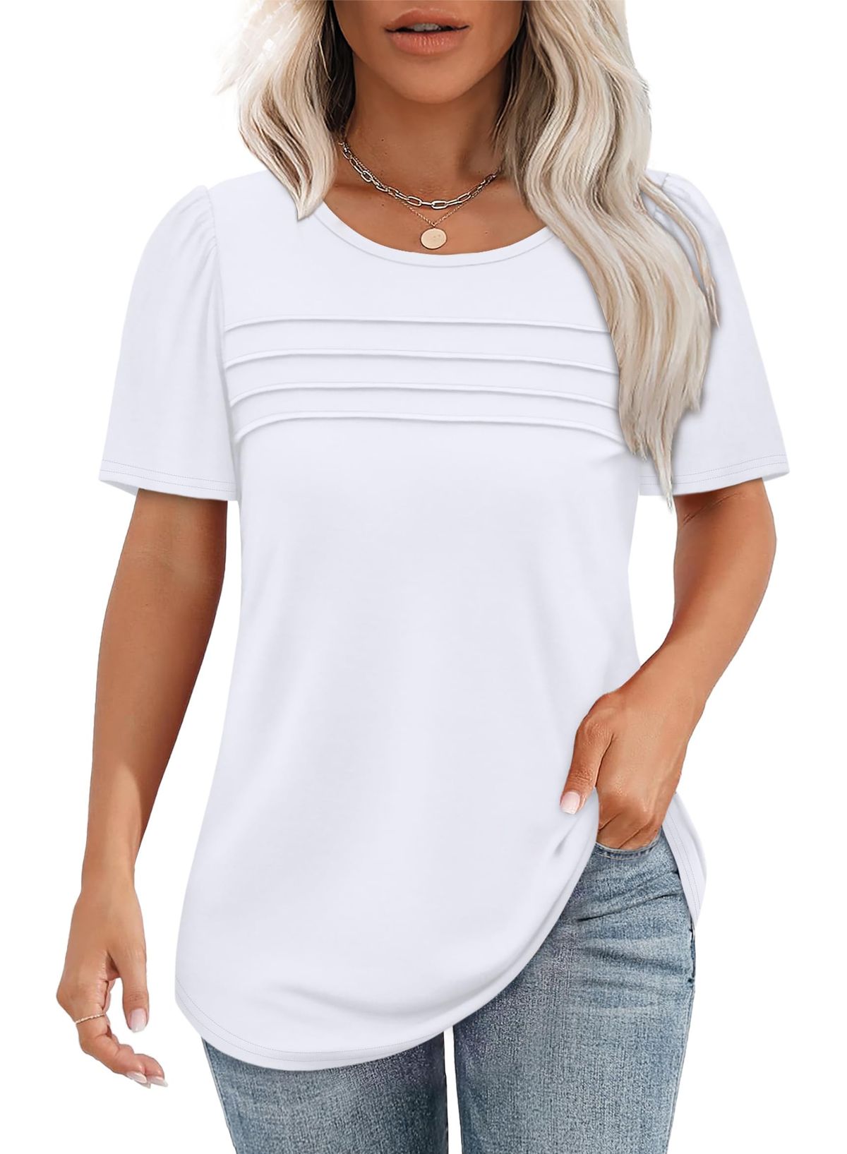 OFEEFAN Womens T Shirts Short Sleeve Tops Dressy Casual Blouses Spring Summer Outfits Flowy Pleated Front Scooped Neck_ecoleips.com