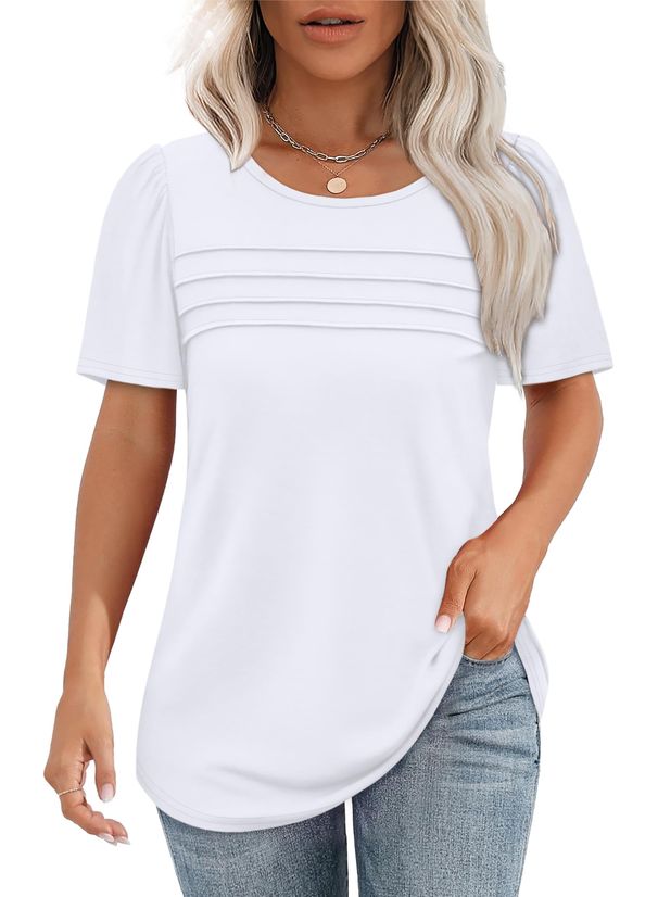 OFEEFAN Womens T Shirts Short Sleeve Tops Dressy Casual Blouses Spring Summer Outfits Flowy Pleated Front Scooped Neck_ecoleips.com
