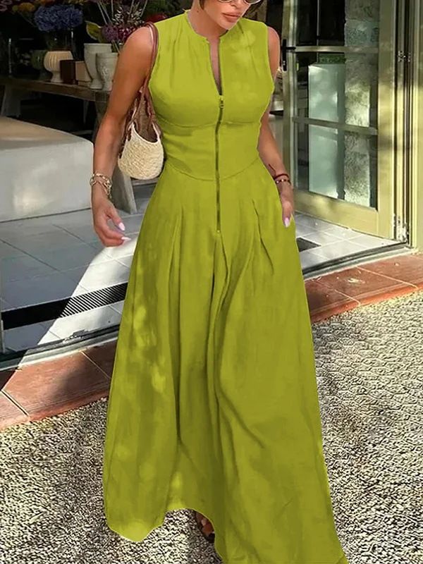 2026 European And American Cross Border High Waist Women's Solid Color Sleeveless Zipper High Waist Dress Fashion Slimming Commuter Long Dress_ecoleips.com