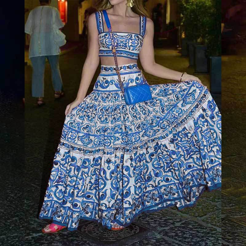 Women's Square Neck Printed Set Spring Fashion Full Skirt Suspender Outfit Style_ecoleips.com