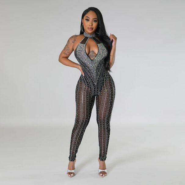 Women's clothing sexy hollow hot diamond sexy see-through zipper jumpsuit fashionable slim sleeveless trousers_ecoleips.com