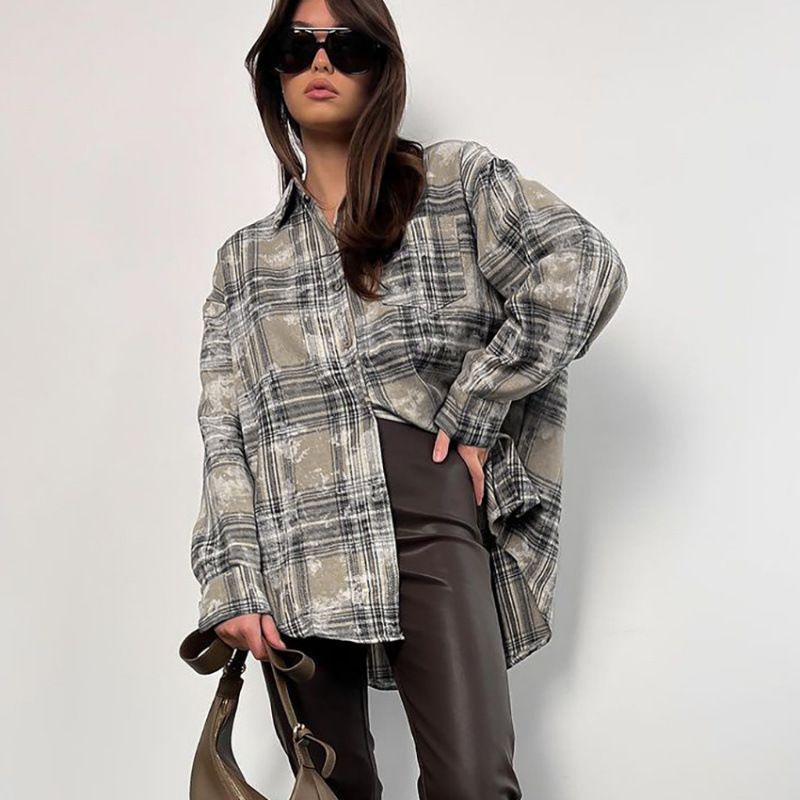 Cotton Mid-Length Niche Design Plaid Long Sleeve Shirt Fashion Shirt Women's Clothing Wholesale_ecoleips.com
