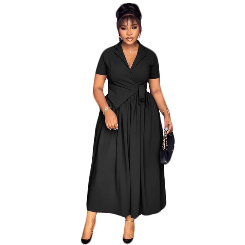 Women's Clothing Elegant Commuter Dress Style Lapel Fitted Waist Tie Loose Fit For Formal & Casual For Women_ecoleips.com