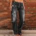Women's Clothing Denim Trousers Trendy Distressed Mid Waist Ripped Casual Straight Leg Trousers_ecoleips.com