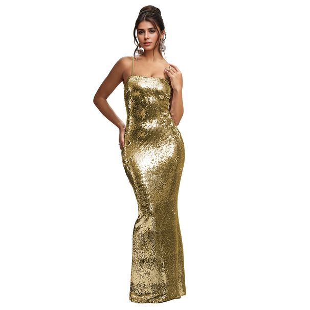Women's Clothing Party Evening Dress Sequined Suspender Dress Long Skirt_ecoleips.com