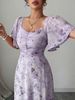 Women's Sweet French Style Mini Dress With Purple Butterfly Print, Batwing Sleeves & Back Zipper_ecoleips.com