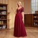 Women's Clothing Elegant Short Sleeved Splicing Double V Neck A Line Tulle Evening Dress A Line Sequined Dress_ecoleips.com