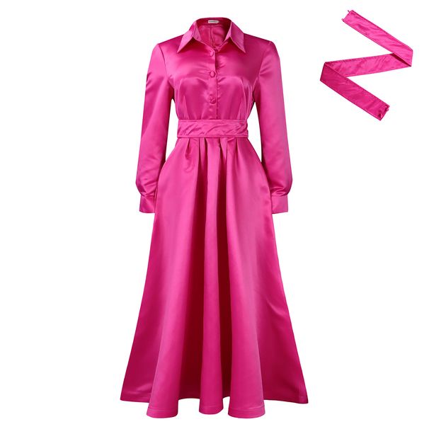 Women’s Clothing autumn new style large swing solid color lapel long sleeve A line skirt African dress_ecoleips.com