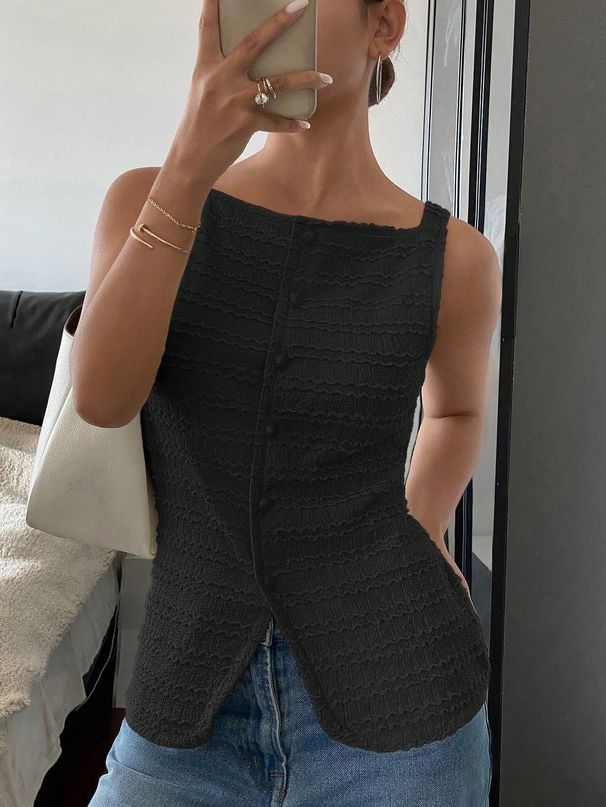 Women's Clothing Sleeveless Vest Solid Color Button Top Casual Fashion T-Shirt Spring/Summer Polyester_ecoleips.com
