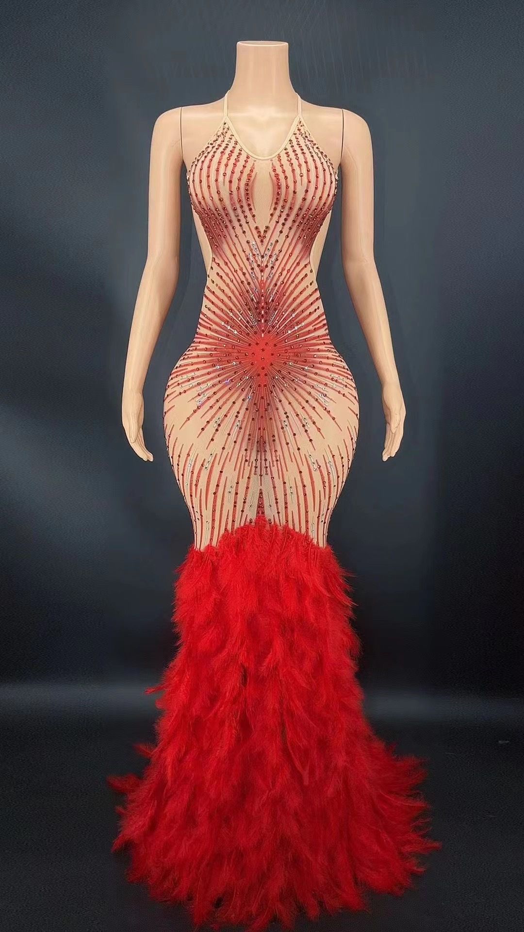 Women’s Clothing singer host model rhinestone sling backless feather stitching mopping party dress dress_ecoleips.com