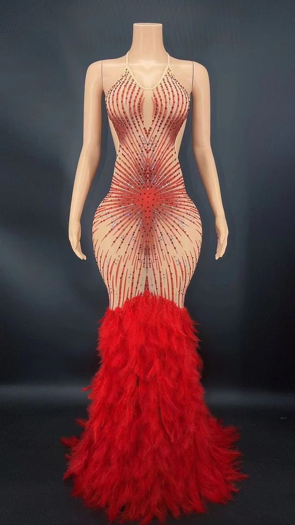Women’s Clothing singer host model rhinestone sling backless feather stitching mopping party dress dress_ecoleips.com