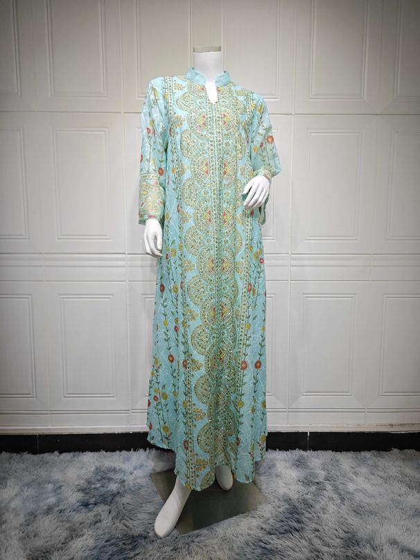 Modest Abaya Dress Premium Dubai-Inspired Kaftan Dress - Elegant Embellished Abaya With All-Over Print & Rhinestone Details, Loose Fit Long Sleeve_ecoleips.com