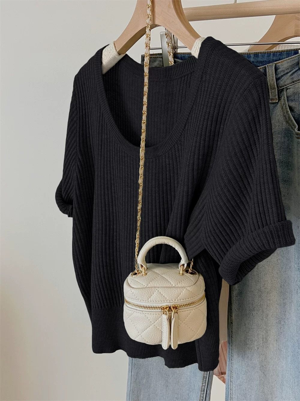 Women's Clothing Beautiful U Neck Shoulder T Shirt Summer Design Knitted Shirt With Short Sleeves Fashionable Green Slim Top_ecoleips.com