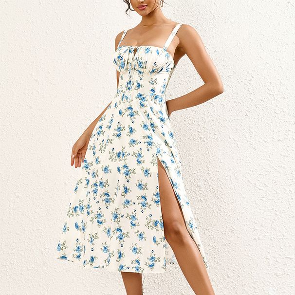 Floral Print High Slit Halter Dress For Women Tie Waist Backless Long Summer Dress_ecoleips.com