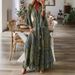 European And American Cross-border Bohemian Style Bell-sleeve Printed V-neck High-waisted Holiday Floral Long Dress For_ecoleips.com
