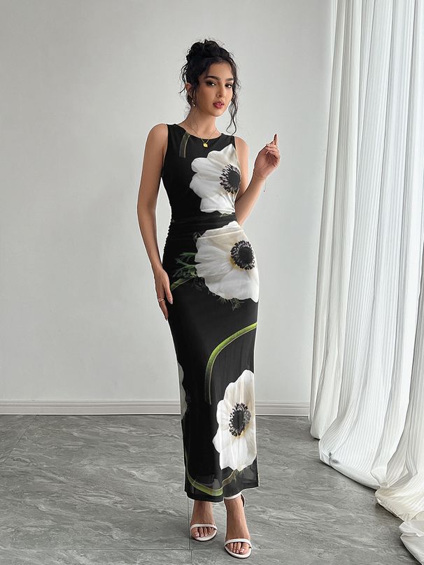 2025 Spring And Summer New Women's Black Mesh Printed Sleeveless Dress Long Skirt_ecoleips.com