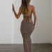 Fashionable Two Piece Set European American Style Beaded Back Tie Top Hollowed Out Textured Bodycon Midi Skirt Beachwear_ecoleips.com