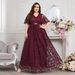 Plus Size Women's Elegant Bridesmaid Dress V Neck Lace Large Skirt Fashion_ecoleips.com