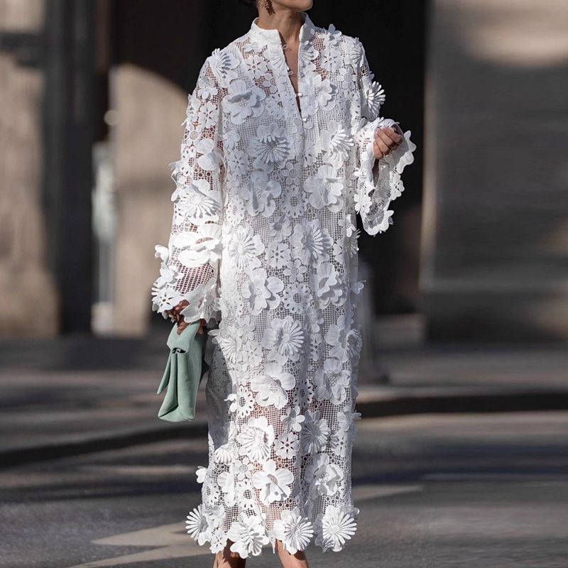 Flower Hollow Out Loose Women's Party Dress Sexy V Neck Long Sleeved Autumn Dress Casual Solid Color Button Maxi Dress Vestidos_ecoleips.com