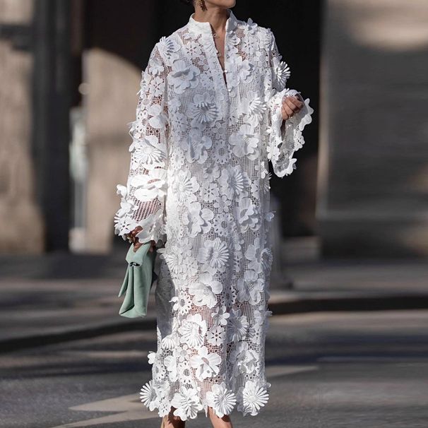 Flower Hollow Out Loose Women's Party Dress Sexy V Neck Long Sleeved Autumn Dress Casual Solid Color Button Maxi Dress Vestidos_ecoleips.com