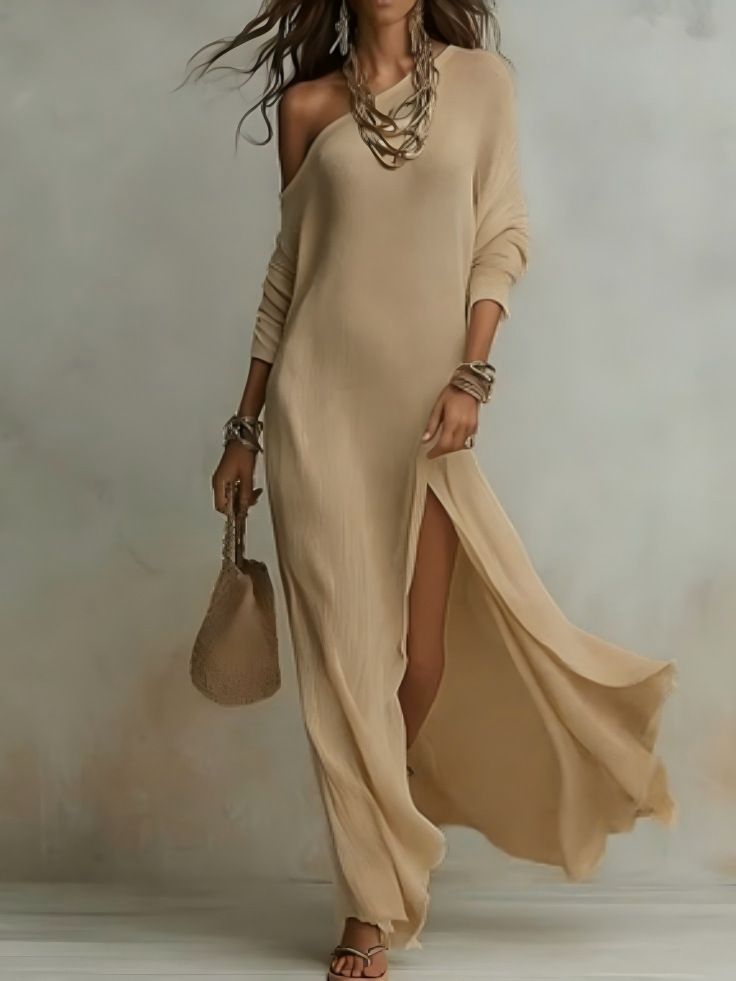Elegant Long Sleeve Knitted Dress With Side Slit For Women, Summer New Arrival, Versatile Casual & Office Wear_ecoleips.com