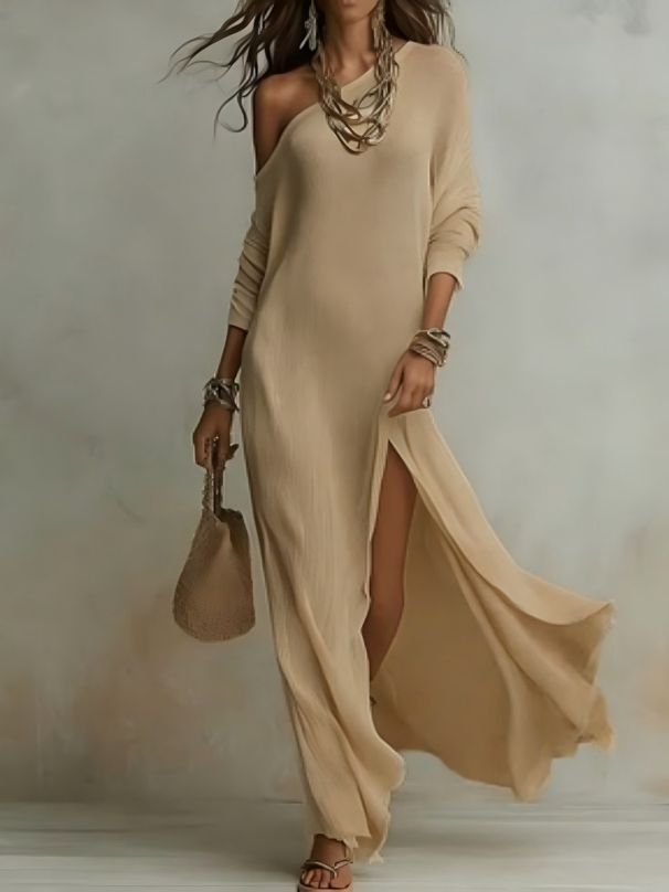 Elegant Long Sleeve Knitted Dress With Side Slit For Women, Summer New Arrival, Versatile Casual & Office Wear_ecoleips.com