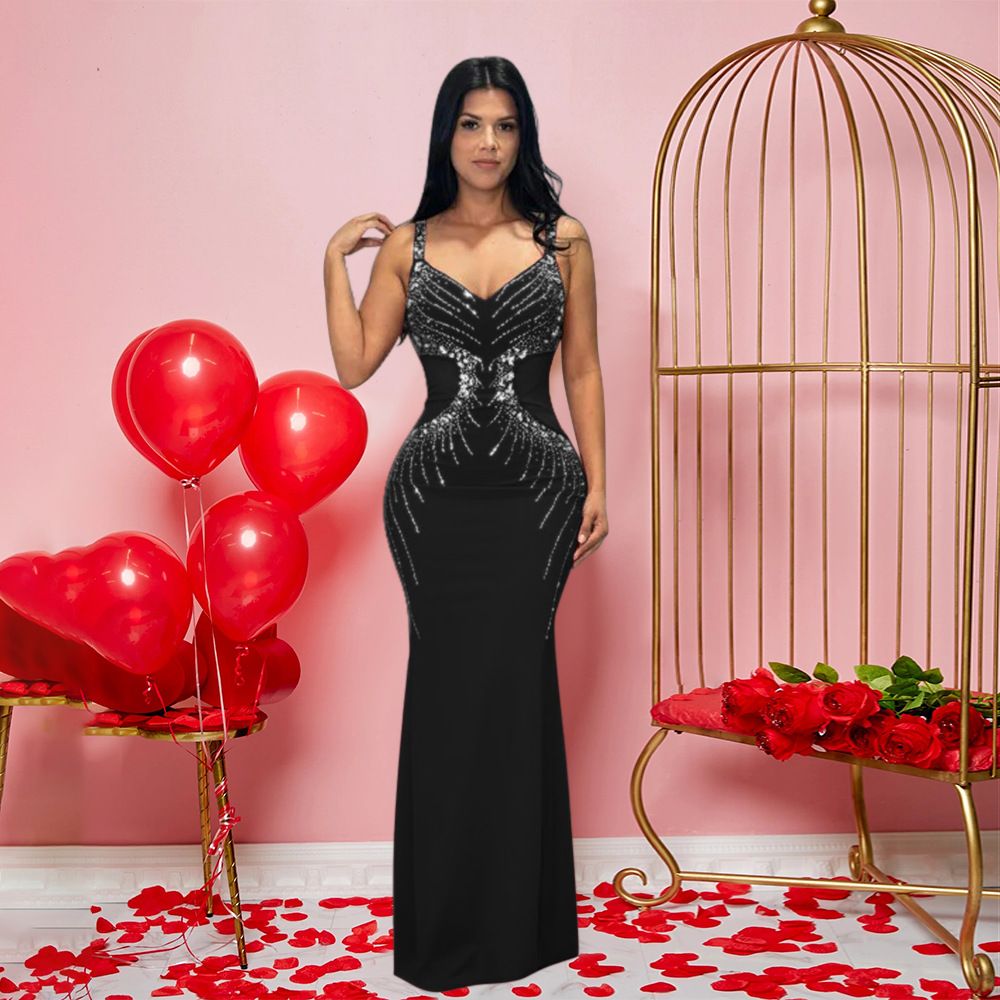 Women's Clothing New Sexy Suspender V Neck Long Skirt Slim Hot Diamond Hip Dress_ecoleips.com