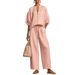 Summer Women's Wide Leg Pants Suit Casual Loose Solid Color Zipper round Neck Top And Bottoms Set European American Style_ecoleips.com