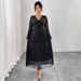 Women's Clothing Plus Size Clothes Luxury Jacquard Long Sleeve Dress – Elegant V-Neck Tie-Waist Gown With Mesh Detailing_ecoleips.com