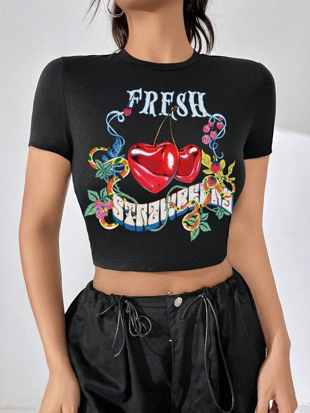 Independent Station Cross-Border European And American Women's Fashion 2024 New Letter Heart Print Slim Fit Crop_ecoleips.com