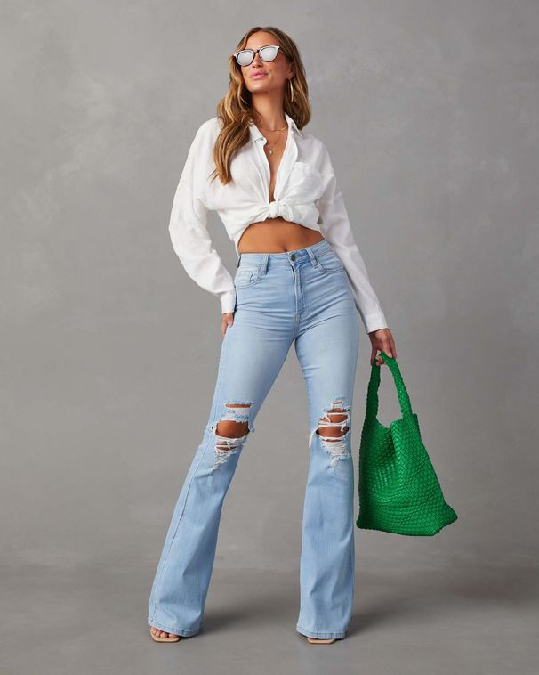 Women's Clothing Washed Hole High Waist Temperament Denim Wide Leg Pants _ecoleips.com
