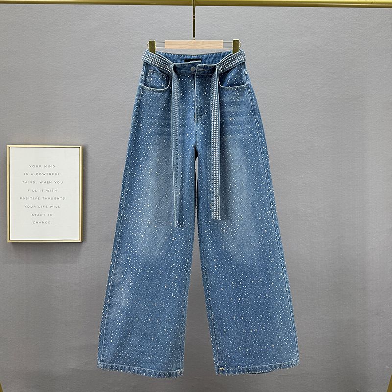 Retro Denim Jeans Rhinestone Embellished Loose Fit Heavy Duty Wide Leg Pants Spring Trend For Women_ecoleips.com