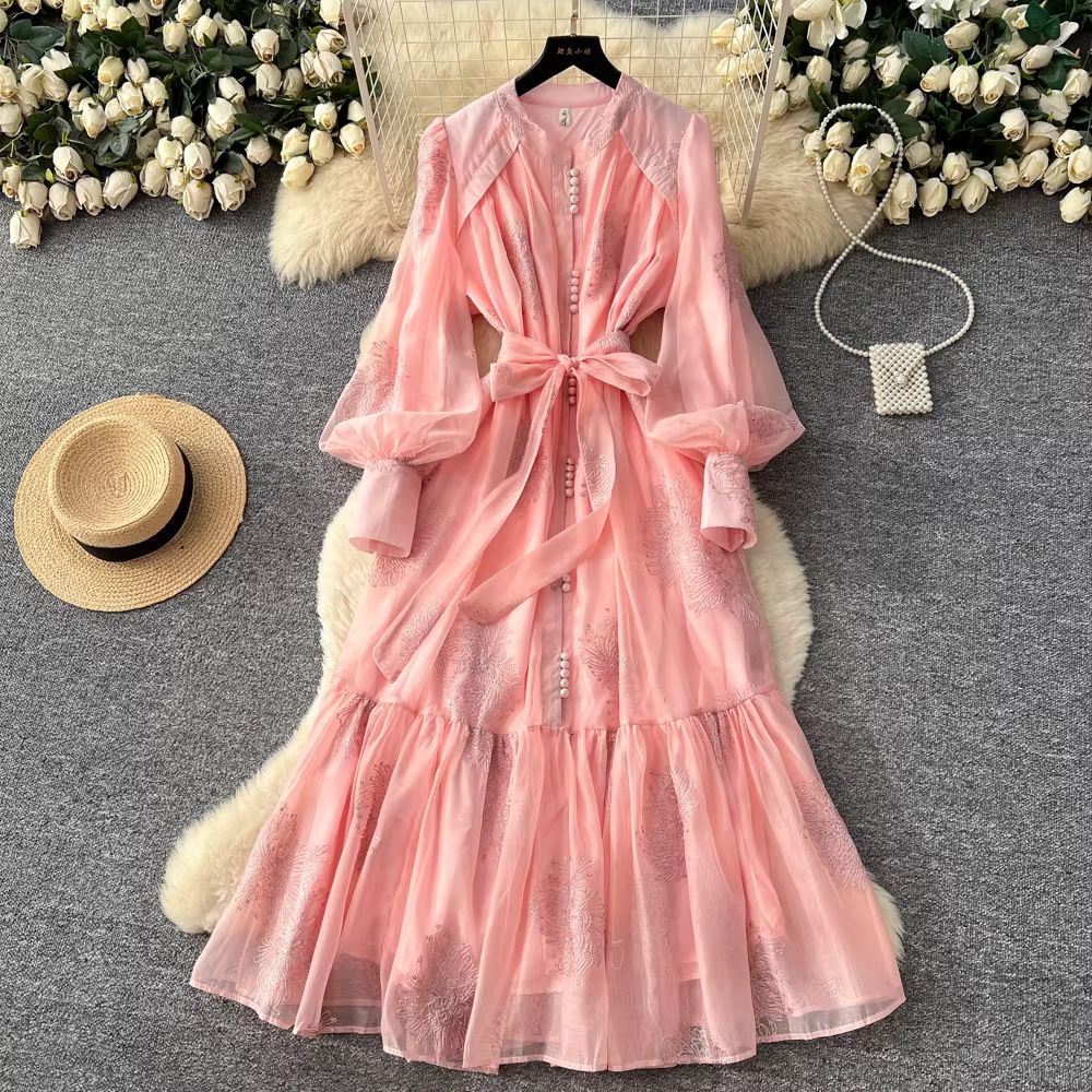 French Style Gentle Embroidered Dress Lantern Sleeve Korean Waist Cinching Belted Mesh A-Line Long Skirt For Elegant Commuting_ecoleips.com