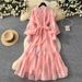 French Style Gentle Embroidered Dress Lantern Sleeve Korean Waist Cinching Belted Mesh A-Line Long Skirt For Elegant Commuting_ecoleips.com