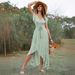 Bohemian Beach Vacation Dress Rayon Print V Neck Tie up Fitted Asymmetrical Flared Skirt Women's Clothing_ecoleips.com
