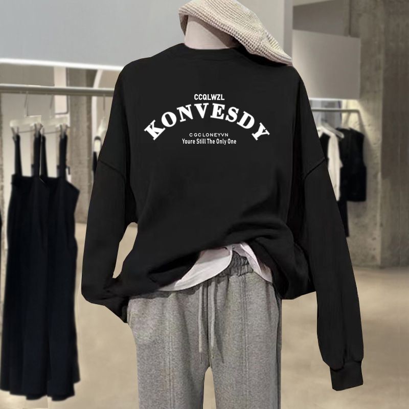 Women's Pure Cotton round Neck Pullover Sweatshirt Autumn Winter Printed Fleece Lined Thickened Letter Trendy Loose Outerwear Top_ecoleips.com