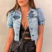 Women's Clothing Ins Style Cut Retro Ripped Puff Sleeve Small Denim Jacket Top_ecoleips.com