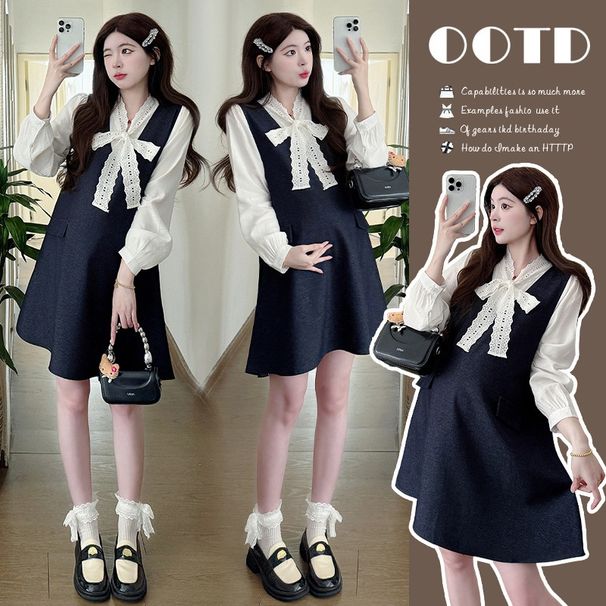 Autumn New Korean Fashion Shirt + Washed Denim 2-Piece Maternity Dress_ecoleips.com