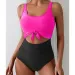 Ruched Tie-Knot Tummy Control One-Piece Swimsuit Patchwork Printing Women Bandage High Waist Vacation Beach Resort Bathing Suit_ecoleips.com