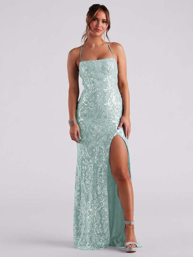 Women's Clothing Sexy One Shoulder Sequined Floor Length Evening Dress Elegant Slit Banquet Dress_ecoleips.com