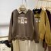 European American Style Cartoon Anime Sweatshirt Women, Loose Versatile, Color-blocked, Polo Collar, Thin_ecoleips.com